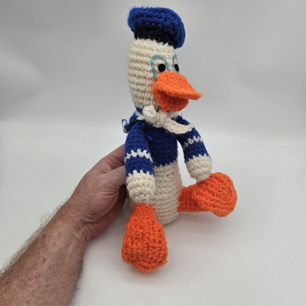 VTG Handmade Crochet Donald Duck Plush Doll Amigurumi Blue Sailor‎ Stuffed Toy